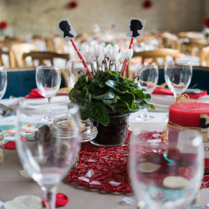 Photo d'une table de mariage rouge et blanche
